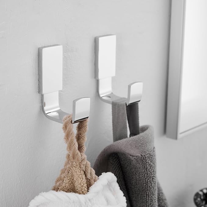 BESy Brass Clothes Hook Single Towel Hook for Bathroom Kitchen Garage Square Style Robe Hooks Coat and Hat Hook, Wall Mounted with Screws, Two Packs, Polished Chrome