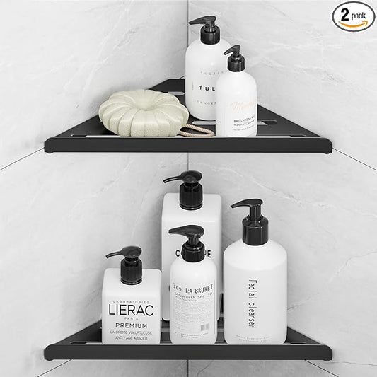 Fikoksol Shower Caddy, 2 Pack Bathroom Corner Shelf, Triangle Shelf Storage for Bathroom Shower, Black Metal Shower Shelf & Rustproof Wall Mounted Adheisve Shower Organizer Accessories and Essentials