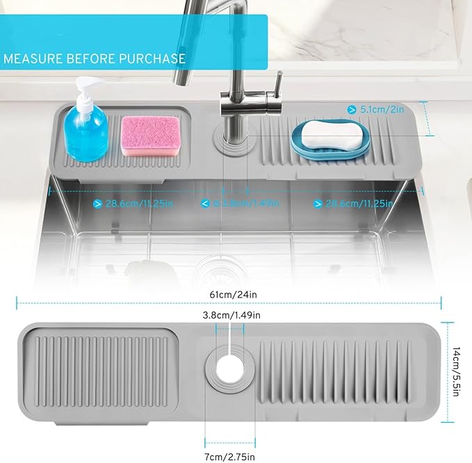 24"Longer Silicone Faucet Mat for Kitchen Sink,5° Slope Faucets Draining Mat Bathroom Sink Splash Guard Mat Kitchen Sink Splash Guard Accessories(Grey 24.0" x 5.5"）