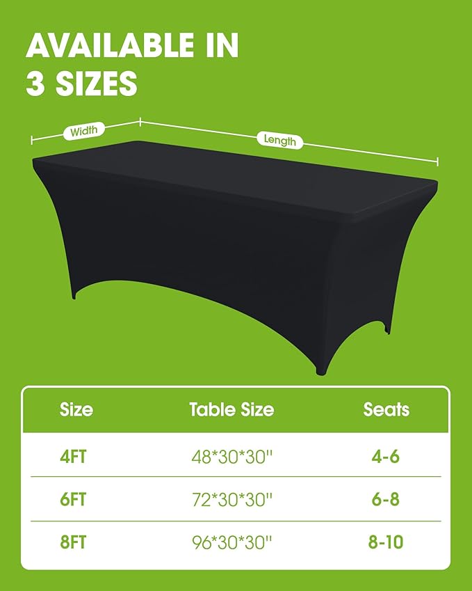 Pureegg Spandex Tablecloth 6ft - 8 Pack, Fitted and Tight Cloth for Rectangle Table, Wrinkle-Free and Stretch Table Cover for Party, Wedding, Banquet and Birthday, Black