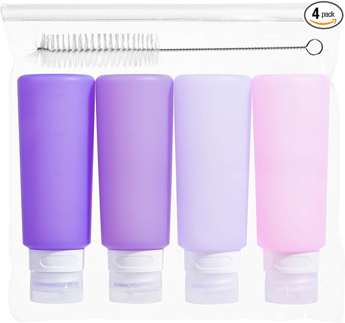 MICEBAY Condiment Squeeze Bottles for Sauces, 6-oz Small Silicone Salad Dressing Container to Go with Snack Storage Bag, Leakproof Sauce Bottles for Lunch Box, 4 Pack, Purple