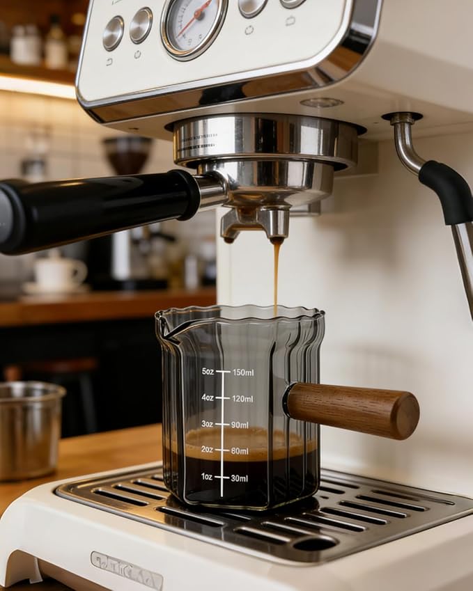 Espresso Measuring Cup 5 Oz, Espresso Glass Cups with Wood Handle, Milk Frothing Cup, Espresso Cup for Coffee, Milk, Tea or Maple Syrup Serving (Gray, 5 oz)