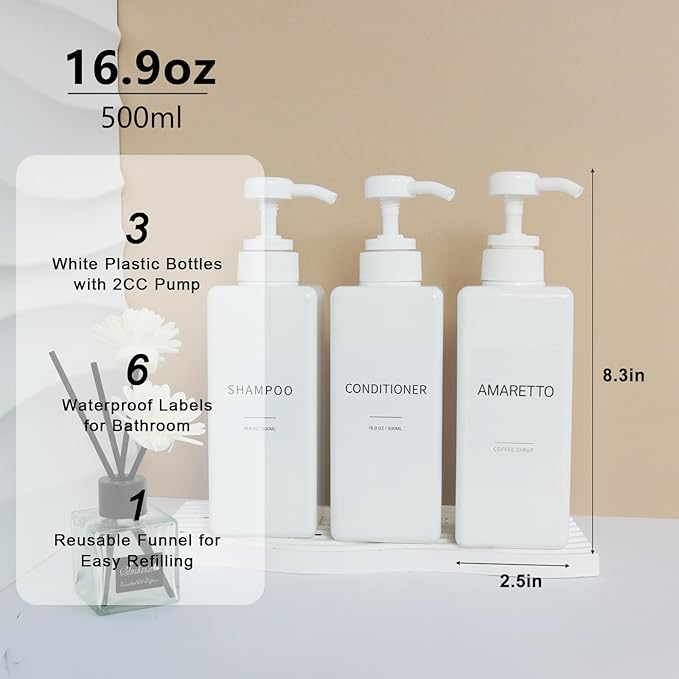 Shampoo and Conditioner Dispenser, Refillable Plastic Shampoo Pump Bottles with Waterproof Labels, Empty Body Wash Dispenser Set for Bathroom, Shower Soap Bottles (White, Set of 3, 16.9oz)