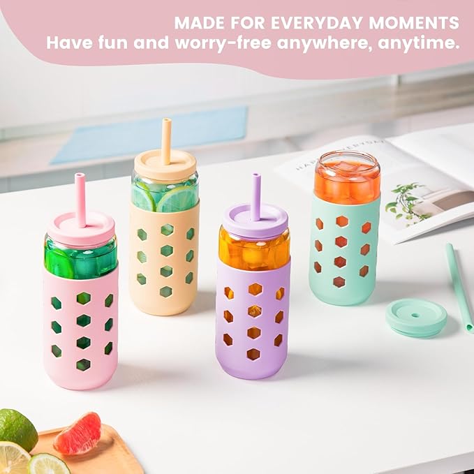 Mrsdry 20 oz Glass Cups With Lids and Straws, 4-Pack Iced Coffee Cup - Smoothie Cup With Silicone Lid and Sleeve for Coffee Bar Accessory, Cute Drinking Glasses Set Reusable Glass Tumbler for Gifts
