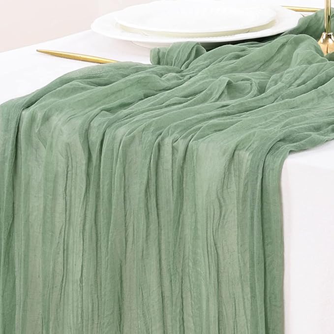 Socomi 15pcs Sage Green Cheesecloth Table Runner Summer Boho Rustic Gauze 120 inch 10FT Cheese Cloth Sheer Runner for Wedding Party Baby Shower Home Decor Holiday Decorations