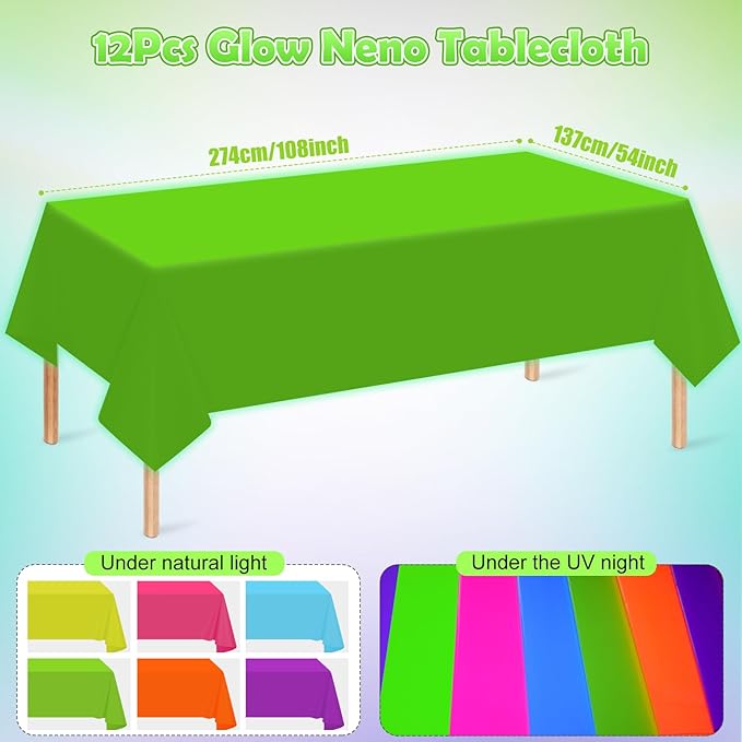 12 Pack Neon Table Cloths Party Decorations, Pink Orange Yellow Green Blue Purple Glow in The Dark Plastic Tablecloth, Disposable Rainbow Table Cover for Glow in Dark Neon Party Supplies Decorations
