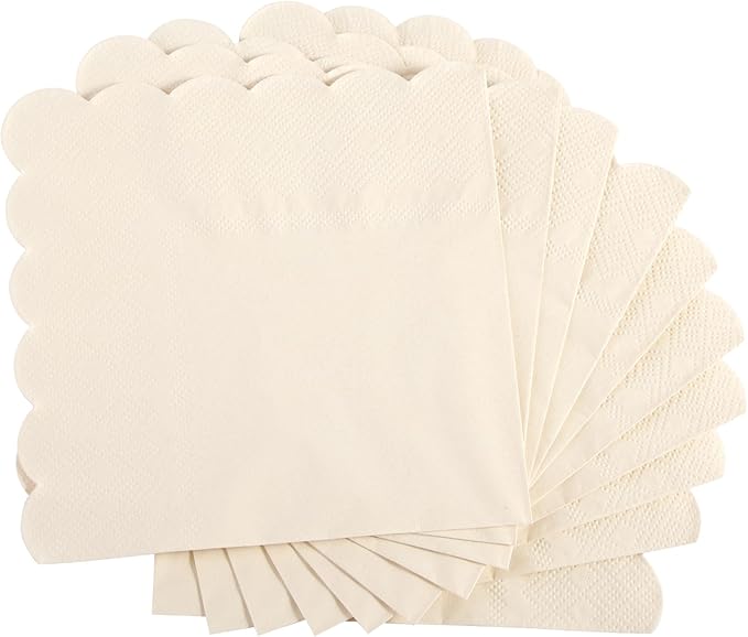 100 Pcs Cocktail Napkins, 2-Ply 5 x 5 Inches Disposable Scalloped Napkins, Thick Premium Dessert Napkins for Party, Wedding, Dinner, Birthday, Anniversary, Festival (Milky-White)