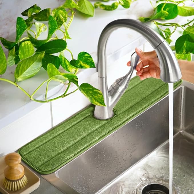 Ternal Original SINKMAT 24in XL Faucet Splash Guard Extra Long Microfiber Sink Drip Catcher Mat Non Slip Countertop Protector Drying Pad Kitchen Bathroom RV Machine Washable [Moss Green]