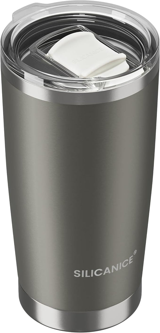 Coffee Tumbler 20 oz, Double Wall Stainless Steel Travel Coffee Mug with Removable Slider Lid, BPA Free, Car Cup Holder Compatible - Gym/Office/Travel/Home - Metal Gray