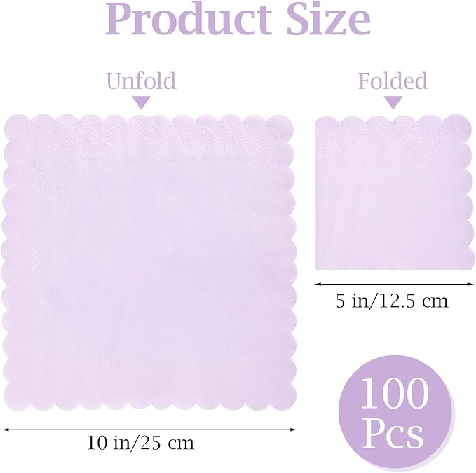100 Pcs Cocktail Napkins, 2-Ply 5 x 5 Inches Disposable Scalloped Napkins, Thick Premium Dessert Napkins for Party, Wedding, Dinner, Birthday, Anniversary, Festival (Light Purple)