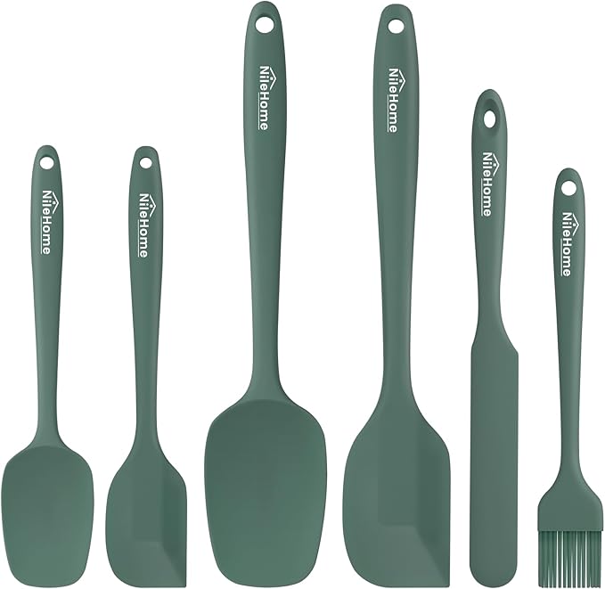 NileHome Silicone Spatula Set, 6 Pieces Food Grade Kitchen Utensils with Silicone Brush Heat Resistant Dishwasher Safe BPA-Free Rubber Spatula for Scraping, Baking, Cooking, Mixing-Green