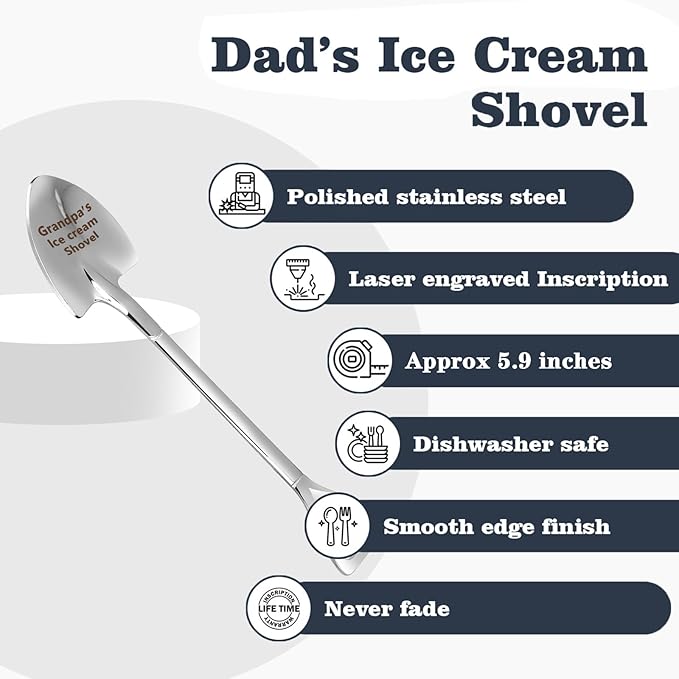 Gifts for Grandpa Dad Men Ice Cream Spoon Scoop for Ice Cream Lovers, Fathers Day Gifts for Men Funny Engraved Stainless Steel Spoon Shovel.