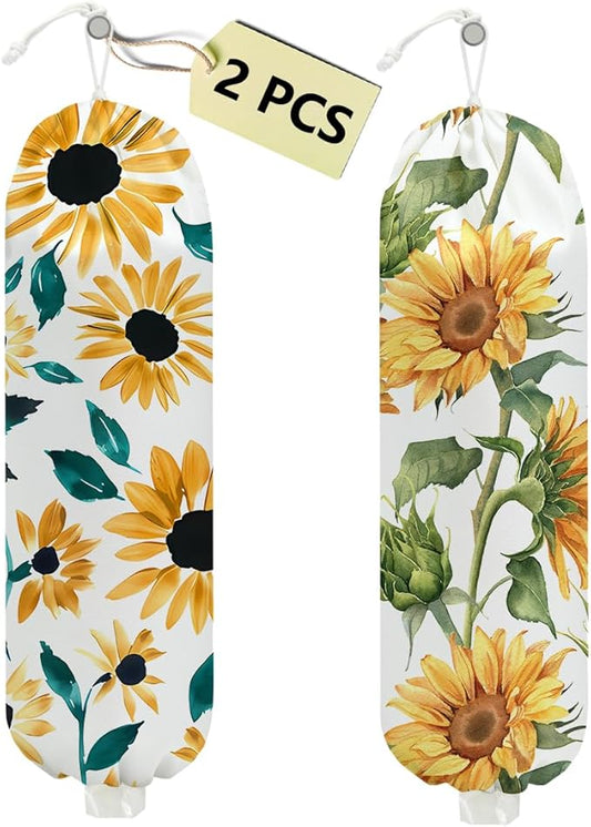 2 Pcs Sunflower Plastic Bag Holder for Kitchen Essentials, Wall Mount Grocery Bag Holder for Plastic Bags, Flower Washable Grocery Bags Storage Dispenser for Home Kitchen Pantry Decor, 22.5x9 Inch