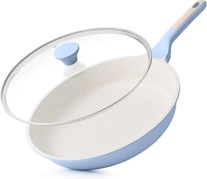 SENSARTE Nonstick Ceramic Frying Pan with Lid 10 Inch Omelet Pan Skillet, Free of Intentionally Added PFAS/PTFE Non-toxic Chef's Pan Induction Compatible Pan, Heat Resistant Handle, Glacier Blue