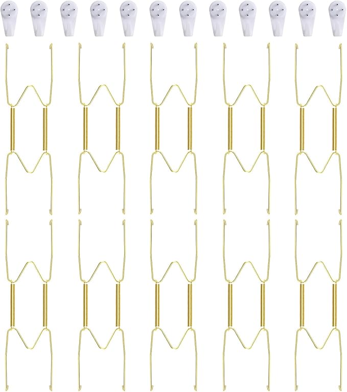 10-Piece Brass Plate Wall Hangers, 8 Inch Invisible Decorative Plate Holders, Comes with 12-Piece Wall Hooks