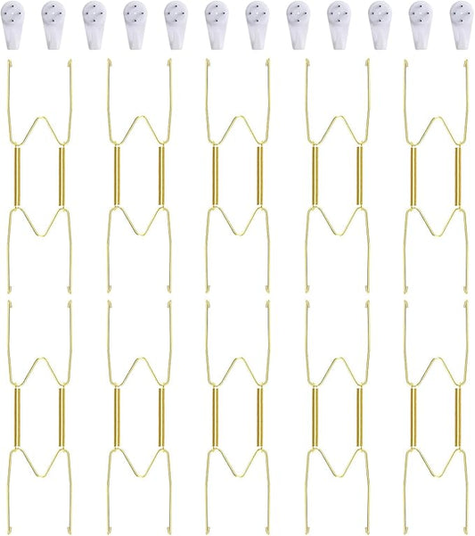 10-Piece Brass Plate Wall Hangers, 8 Inch Invisible Decorative Plate Holders, Comes with 12-Piece Wall Hooks