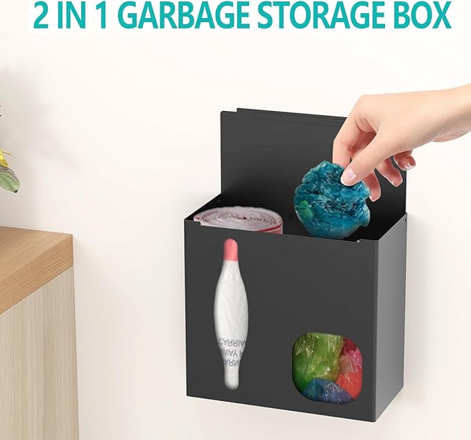 2 in 1 Grocery Bag Holder & Trash Bag Holder Dispenser, Kitchen Grocery Storage Organizer for Cabinet, Under Sink, Wall Mounted or Countertop, Metal Black