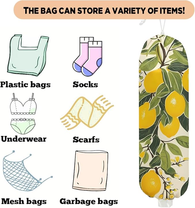 Lemon Plastic Bag Holder, Wall Mount Grocery Bag Holder for Plastic Bags, Reusable Large Grocery Bags Storage Dispenser, Home Kitchen Pantry Decor, Lemon Gifts for Women Mom Grandma, 22.5x9 Inch