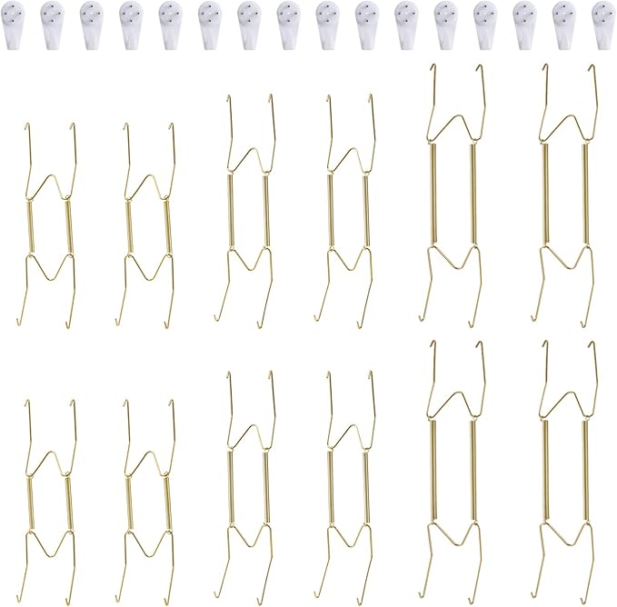 12 Piece Plate Hangers, 8/10/12 Inch Invisible Brass Wall Plate Hangers, Comes with 16 Piece Wall Hooks for Decorative Plates
