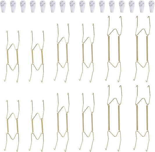 12 Piece Plate Hangers, 8/10/12 Inch Invisible Brass Wall Plate Hangers, Comes with 16 Piece Wall Hooks for Decorative Plates