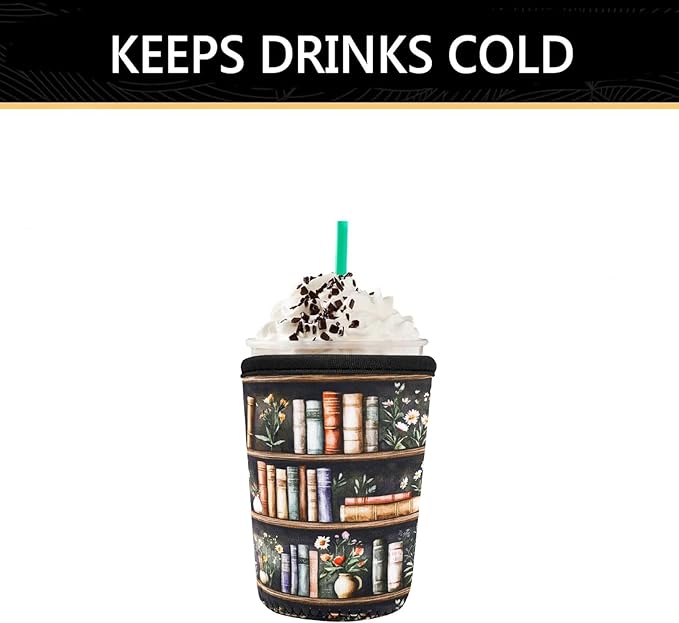 YR Reusable Neoprene Insulator Sleeve for Iced Coffee Cups, 3 Pack Coffee Coolies sleeves for Iced & Hot Drinks, Cold Beverage Cooler Compatible with Starbucks Coffee and More (Bookshelf & Flower)