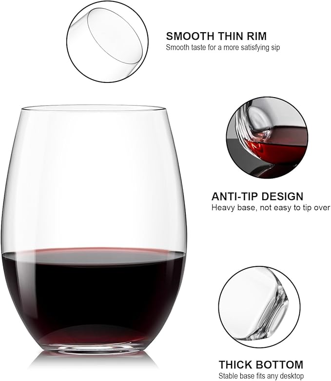 OJA Stemless Wine Glasses Set of 12, 15oz Crystal Red White Wine Glasses, No Stem, Clear, Sturdy Drinking Glass for Daily Use, Birthday, Wedding, Home Party, Anniversary, Shower Gift