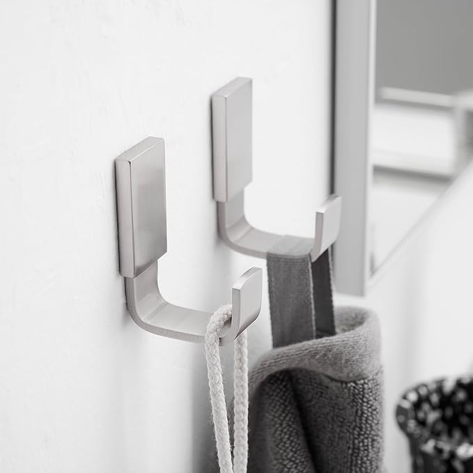 BESy Brass Clothes Hook Single Towel Hook for Bathroom Kitchen Garage Square Style Robe Hook Coat Hook Hat Hook, Wall Mounted with Screws, Two Packs, Brushed Nickel