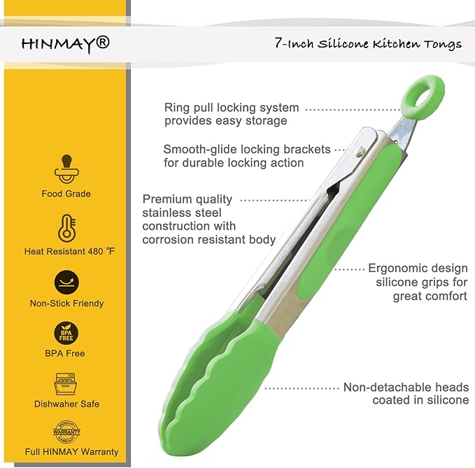 HINMAY Mini Tongs with Silicone Tips 7 Inches Silicone Cooking Tongs, Set of 3 (Green)