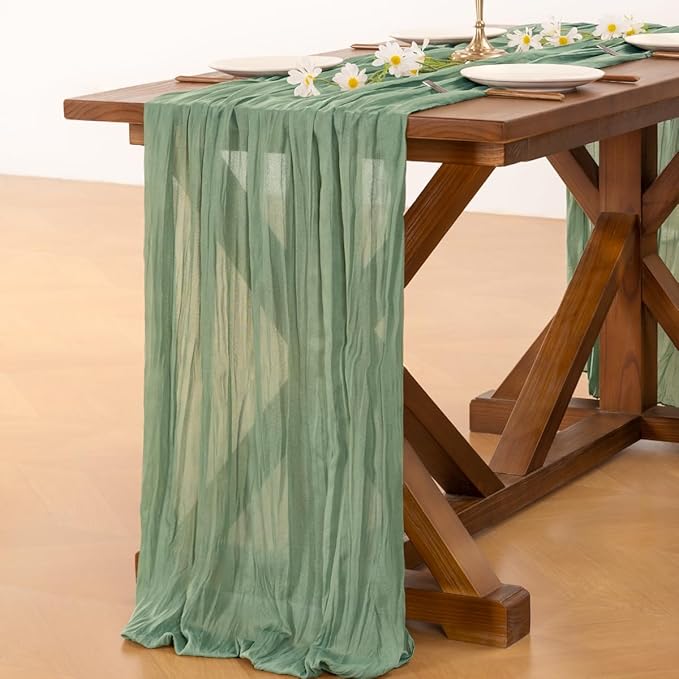 Socomi 3pcs Sage Green Cheesecloth Table Runner Summer Boho Rustic Gauze 120 inch 10FT Cheese Cloth Sheer Runner for Wedding Party Baby Shower Home Decor Holiday Decorations