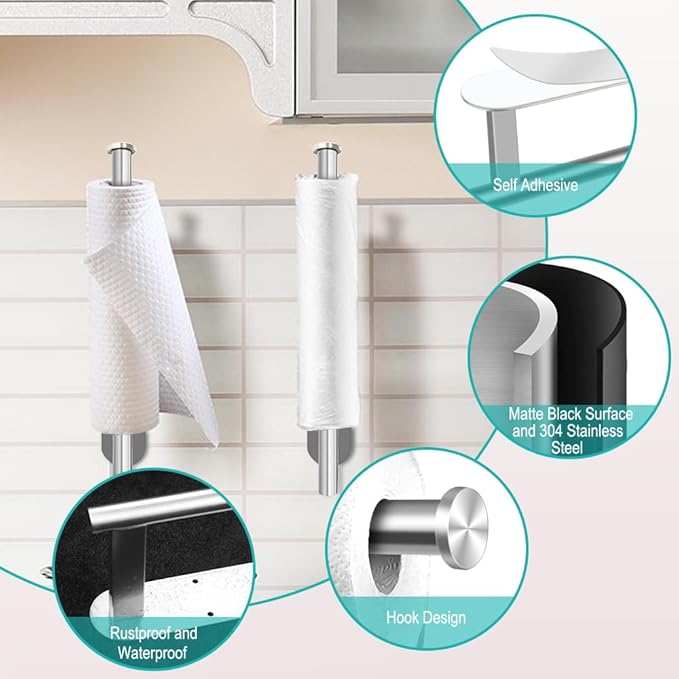 MGahyi Paper Towel Holder Wall Mount, Self Adhesive Or Drilling Paper Towel Holder Under Cabinet, 13.2 inch Stainless Steel Kitchen Paper Towel Roll Rack, Bathroom Towel Hanger(Silver, 2*Rectangle)