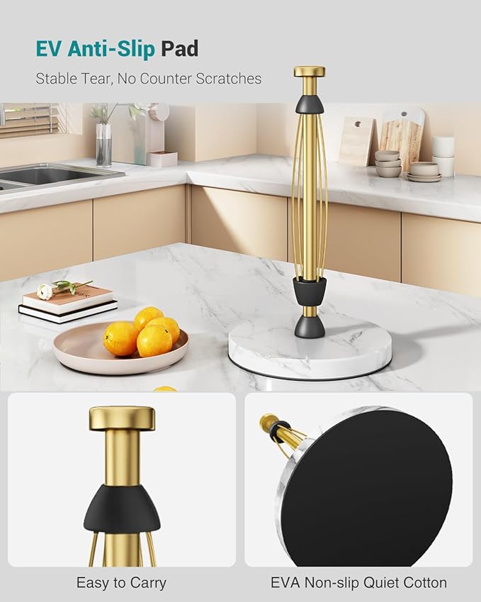 Paper Towel Holder Countertop, Marble Weighted Base, Warm Gold, One-Handed Tear, Freestanding Paper Towel Stand Rack with Ratchet Mechanism for Kitchen Bathroom Essential Decor Accessories