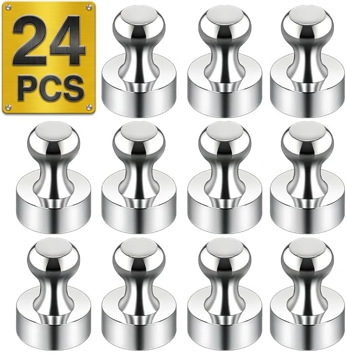 Metallic Magnets, Refrigerator Magnets, 24 Pack Silver Magnetic Push Pins, Strong Fridge Magnets, Multi-use Whiteboard Magnets Perfect for Kitchen Office Classroom