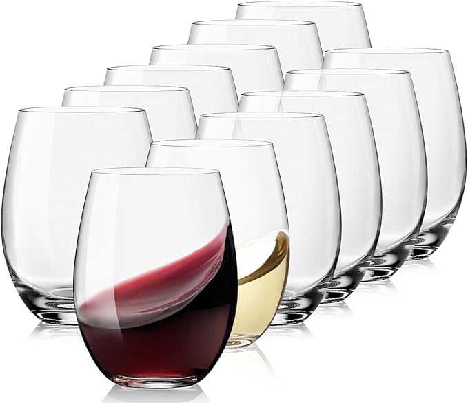OJA Stemless Wine Glasses Set of 12, 15oz Crystal Red White Wine Glasses, No Stem, Clear, Sturdy Drinking Glass for Daily Use, Birthday, Wedding, Home Party, Anniversary, Shower Gift