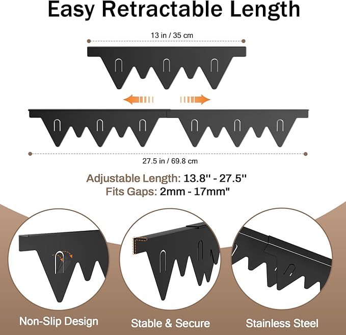 Stove Gap Covers Stainless Steel, 2Pack Retractable Length 13.8" to 27.5" Width 0.79", Heat-Resistant Stove Gap Filler & Range Trim Kit for Gaps Between Stove Top & Counter-Black