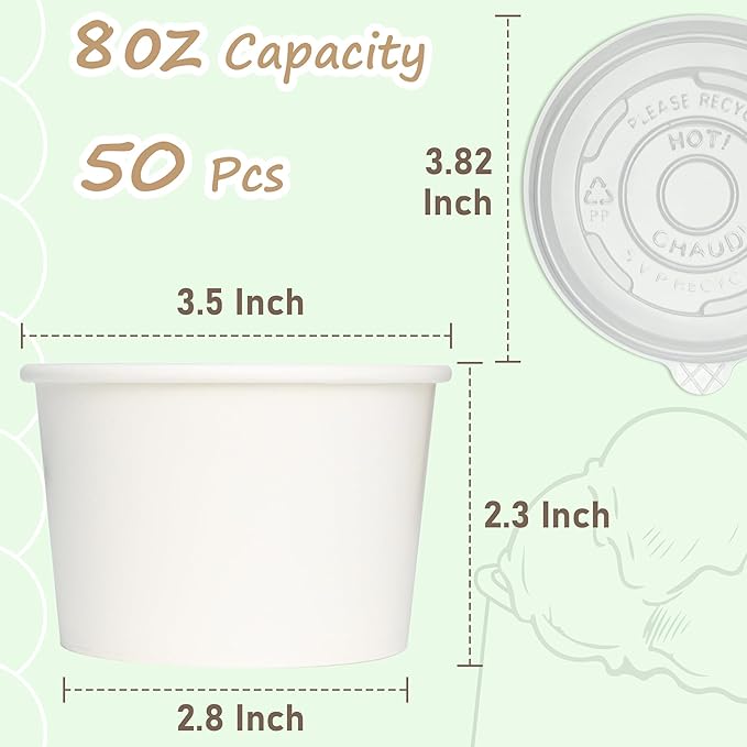ESSENTIAL Paper Ice Cream Cups with Lids, 50pcs 8oz Disposable Dessert Bowls with Lids for Hot or Cold Food, Paper Snack Containers for Sundae, Frozen Yogurt, Soup (White)