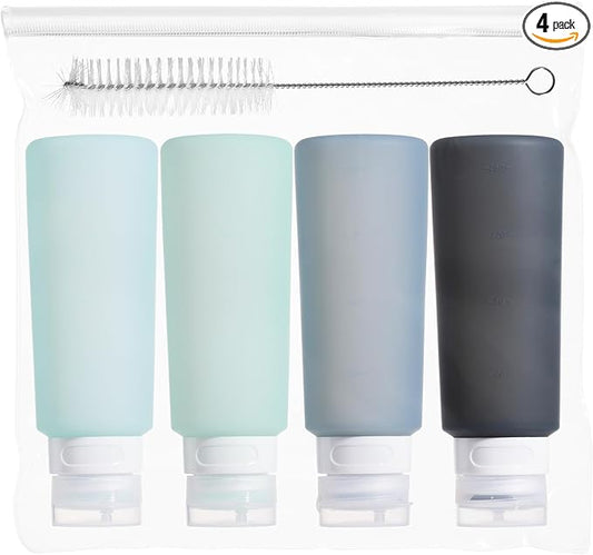 MICEBAY Condiment Squeeze Bottles for Sauces, 6-oz Mini Silicone Salad Dressing Container to Go with Reusable Sandwich Bag, Leakproof Sauce Bottle for Lunch Box, 4 Pack, Gray