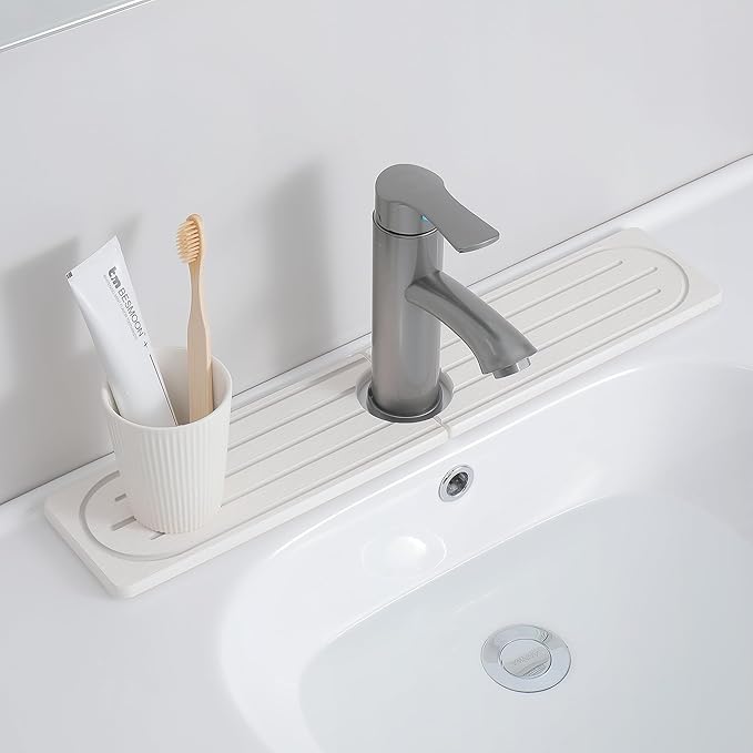 Stone Faucet Mat for Kitchen Sink, Diatomite Fast Drying Absorb Moisture Tray, Prevents Water Buildup, Durable Anti-slip Splash Guard Sink Protector (White, 20“x4”)