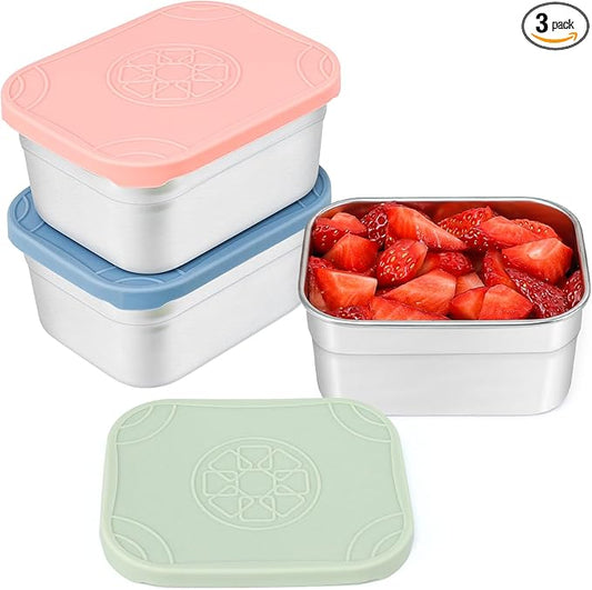 Caperci 3-Pack Stainless Steel Snack Containers with Silicone Lids - 10oz Reusable Small Food Storage Containers for Snacks & Deli Foods, Leak-Proof, Easy Open & BPA-Free (290ML)