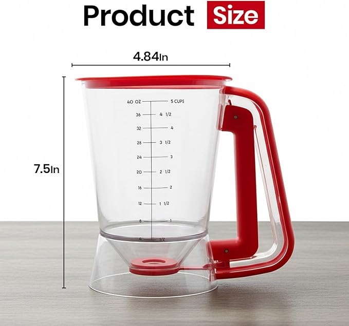 Eggssentials - Pancake dispenser, 5-Cup/1200ml Pancake Dispenser for Batter, Cupcake Batter Dispenser, Waffles & Crepes, Easy Squeeze Handle, Dishwasher Safe - Red Pancake Mix Dispenser