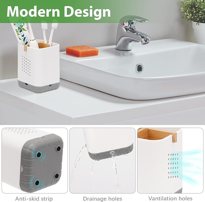 Boperzi Toothbrush and Toothpaste Holder with Bamboo Divider for Bathroom Countertop Organizer, Plastic Detachable Anti-Slip Large Electric Toothbrush Holders Storage Caddy Drainage for Family, Kids