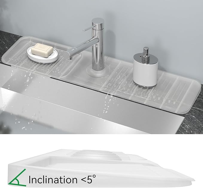 Kitchen Sink Splash Guard Behind Faucet 24 x 5.5 Inch, Toovem Faucet Handle Drip Catcher Tray, Longer Silicone Sink Faucet Mat, Dish Soap Sponge Holder for Bathroom, Farmhouse, Bar Rv
