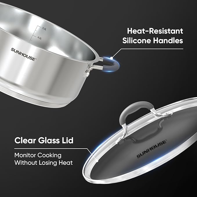 SUNHOUSE Stainless Steel Steamer Pot for Cooking - 6.3 QT Steaming Pot with Glass Lid & Steamer Basket - 2 Tier Tri-ply Vegetable Steamer with Stay-Cool Silicone Handles - Induction Compatible