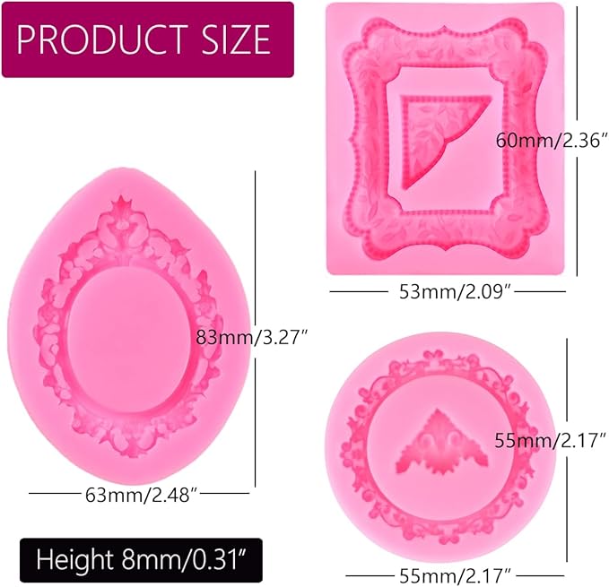 9 PCS Picture Frames Fondant Silicone Molds, TuNan Vintage Style Photo Frame Moulds for Cake Decorating Cupcake Topper Chocolate Candy Polymer Clay