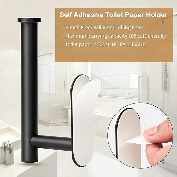 JOPOFI Toilet Paper Holder - Self Adhesive Toilet Paper Holder Wall Mount for Bathroom, Command Strip Stainless Steel Toilet Paper Roll Holder Stick On Wall, No Drilling - Matte Black（2 Pcs）