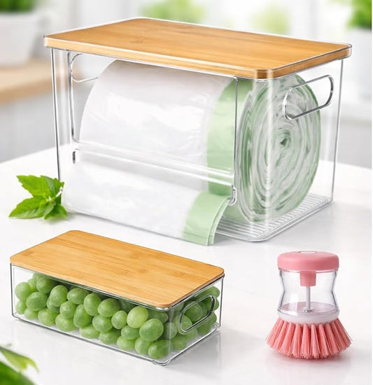 2 Pack Trash Bag Holder Dispenser for Kitchen & Built-In Brush with Liquid Compartment, Laundry Room Trash Bag Holder, Pantry, Cabinet, Under Sink Storage Organizer