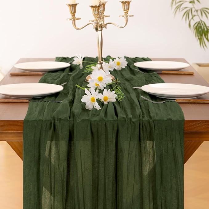 Socomi 2pcs Olive Green Summer Cheesecloth Table Runner Boho Rustic Gauze 120 inch 10FT Cheese Cloth Sheer Runner for Wedding Party Baby Shower Birthday Home Decor