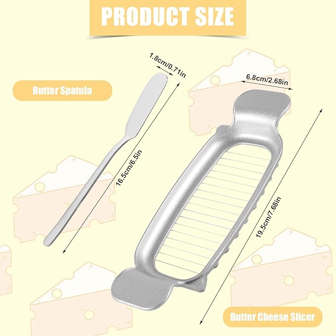 Cheese Butter Slicer, Stainless Steel Cheese Cutter Ergonomic Wires Butter Cutter Single Stick Even Slicer for Portion Control Kitchen Food Tool with Butter Spatula for Butter Block (Silver)