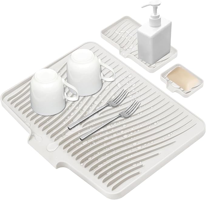 Silicone Dish Drying Mat for Kitchen Counter, Dish Drying Pad, Non-Slip Drain Pad with Built-in Drain, Heat Resistant Stone Drying Mat,Cream-1Set-XL