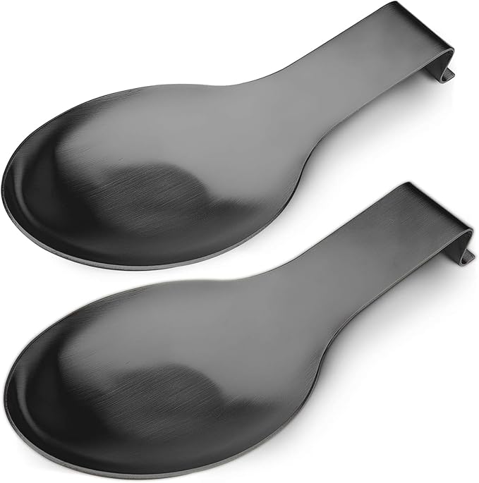 Stainless Steel Spoon Rest, Spatula Ladle Holder, Stainless Steel Utensil Spoon Rest Holder, Brushed Finish, Dishwasher Safe 9.8 x 3.7 Inch (Black 2PCS)