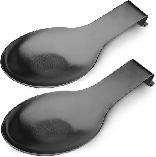 Stainless Steel Spoon Rest, Spatula Ladle Holder, Stainless Steel Utensil Spoon Rest Holder, Brushed Finish, Dishwasher Safe 9.8 x 3.7 Inch (Black 2PCS)